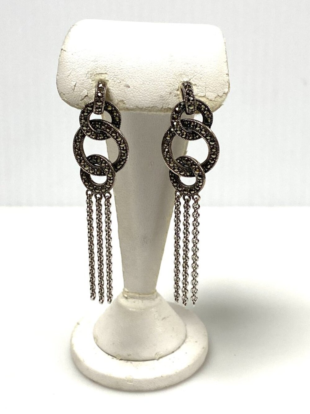 m952 Vintage Sterling Silver marcasite Tiered Link Dangle Earrings Chain Tassels